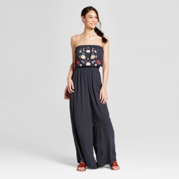 Xhilaration Pants - Xhilaration Embroidered top black Rayon Jumpsuit